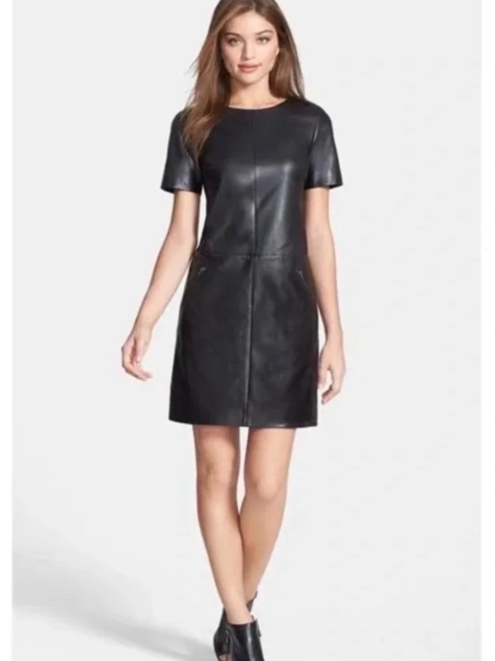 Halogen Black Short-Sleeve 100% Leather Mini Dress
